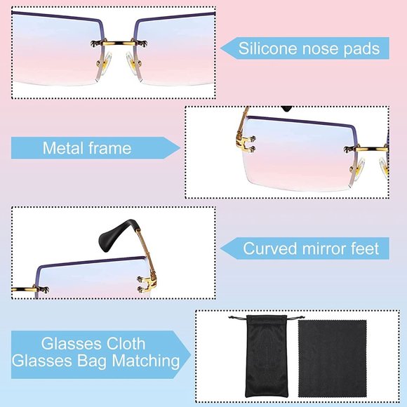 New 8 Sets Rimless Rectangle Sunglasses Vintage Transparent Rectangle Gl… main image 5